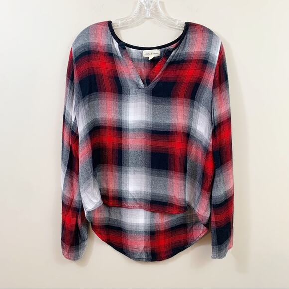 Anthropologie Cloth & Stone Plaid V-Neck High Low Red/Black/White Flannel Top - Picture 1 of 6